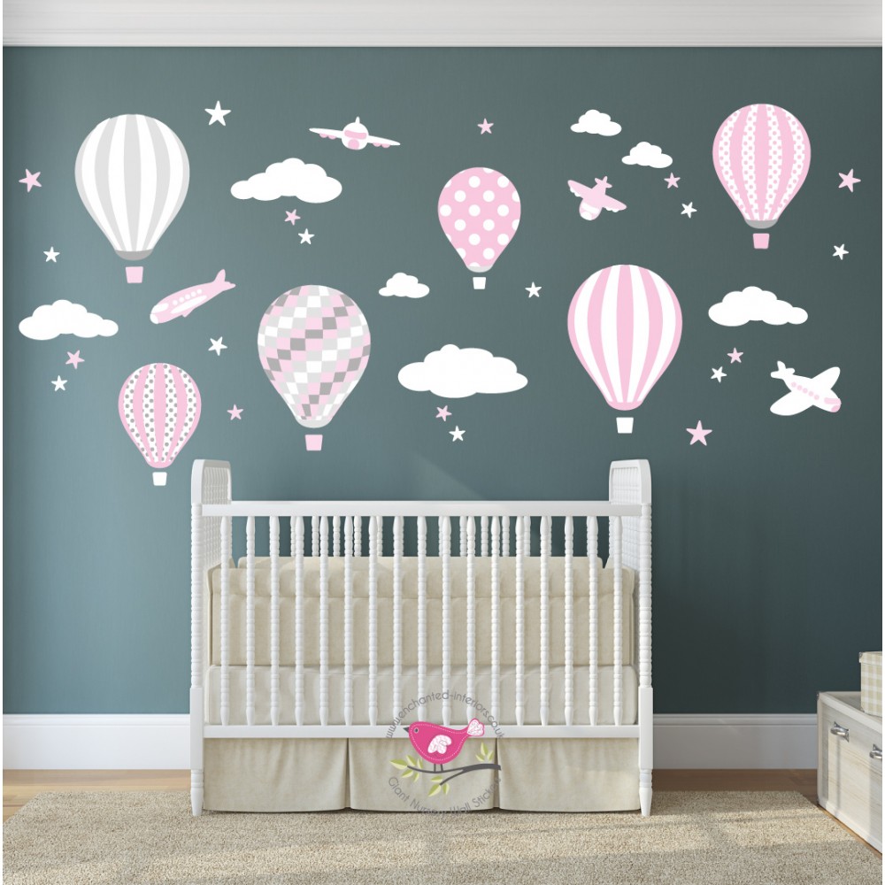 Hot Air Balloon Jets Wall Stickers Baby Pink Grey White