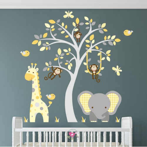 3 X UNISEX  CHEVRON ELEPHANT FRAMED PRINTS yellow grey  BABY NURSERY FREE P&P 
